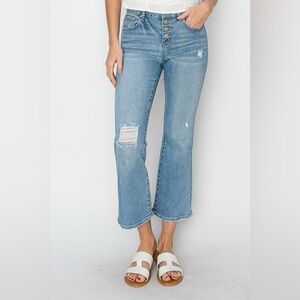 Risen High-Rise Distressed Crop Flare Jeans - Light Blue